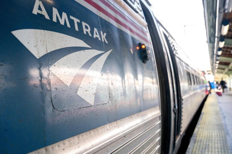 The Amtrak logo is seen on a trainv