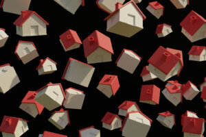 Cottage style houses hover in mid air in black background.