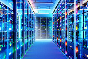 Interior of big modern server room. 3d rendering illustration