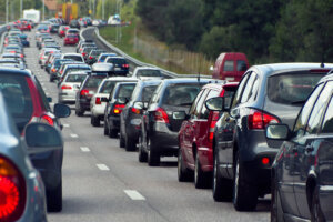 Traffic jam with rows of cars