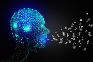 AI speaks letters, text to speech or TTS, text to voice, speech synthesis applications, generative Artificial Intelligence, futuristic technology in language and communication.