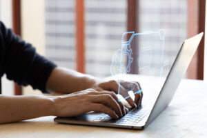 Futuristic technology transformation,Chat bot, Chat with AI, Artificial Intelligence. man using technology smart robot AI, artificial intelligence by enter command prompt for generates something.