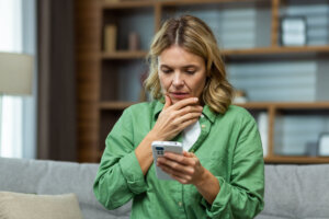 Close up photo. Worried senior woman mother sitting on sofa at home and holding phone. Worries about children, writes and sends messages, calls, searches, waits at home