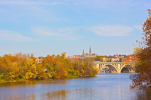 Fall colors of Potomac riverside and Key Bridge, Washington DC.