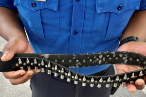 This fake bullet lined belt was not permitted through the security checkpoint at John F. Kennedy International Airport earlier this year. (Courtesy TSA)