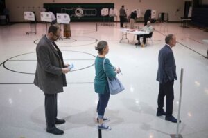 People wait in line to to vote at Newton Lee Elementary School in Ashburn, Virginia