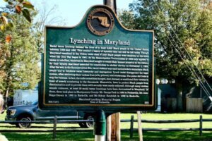A marker is seen in Poolesvile, Maryland, where George Peck was lynched in the late 1800s.