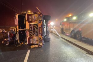Prince George's County Fire Department truck turned on its side