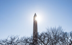 The Washington Monument with bare winter trees.