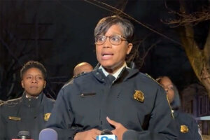 D.C. Police Chief Pamela Smith speaks to the media in Southeast on Friday night.