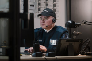 Man comes to colleague and talks by walkie talkie