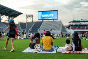 People sitting on field watching a movie.
