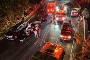 First response vehicles on the scene of 3 car crash.