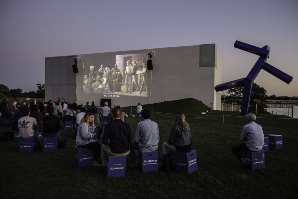 Patrons at Video Wall for Show Boat at Night with Blue 9.19.19 Photo by Jati Lindsay