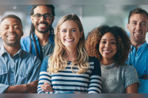 Group, people and diversity in portrait at startup with smile, support and creativity in modern office. Women, men and team building with solidarity at media agency for collaboration in workplace
