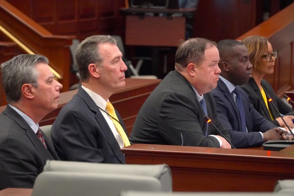 Representatives from utility companies providing services in Maryland. From left: John Dodge (Washington Gas), Tim Troxell (FirstEnergy), Tim Dennison, (Southern Maryland Energy Cooperative), Charles Washington (Baltimore Gas and Electric), and Valencia McClure (Pepco). (Photo by Danielle J. Brown/Maryland Matters)