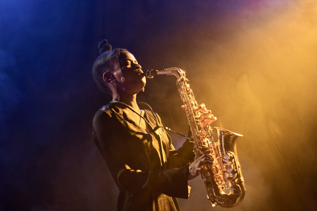 Woman performing in jazz nightclub