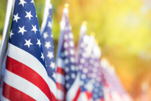 Closeup of an American flag in a row