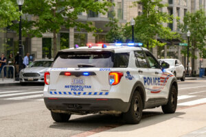 Patrol car used by the Metropolitan Police in Washington DC with flashing lights