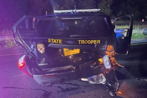 Maryland State Police vehicle after it was hit