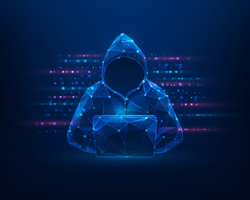 Hacker scammer computer technology. cyber security concept. attack and data digital. dangers of internet theft. vector illustration fantastic hi tech design.