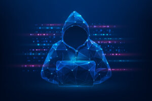 Hacker scammer computer technology. cyber security concept. attack and data digital. dangers of internet theft. vector illustration fantastic hi tech design.