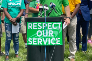 American Federation of State, County and Municipal Employees workers at an unrelated rally in Annnapolis in this April 2023 file photo. The state Wednesday approved early buyouts for 332 state workers in a budget cutting move. (File photo by Bruce DePuyt/Maruyland Matters)