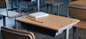 A classroom scene in an empty school. 3d rendering