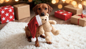 Cute Dog Wearing Santa Hat Hugging Teddy Bear with Christmas Gifts.