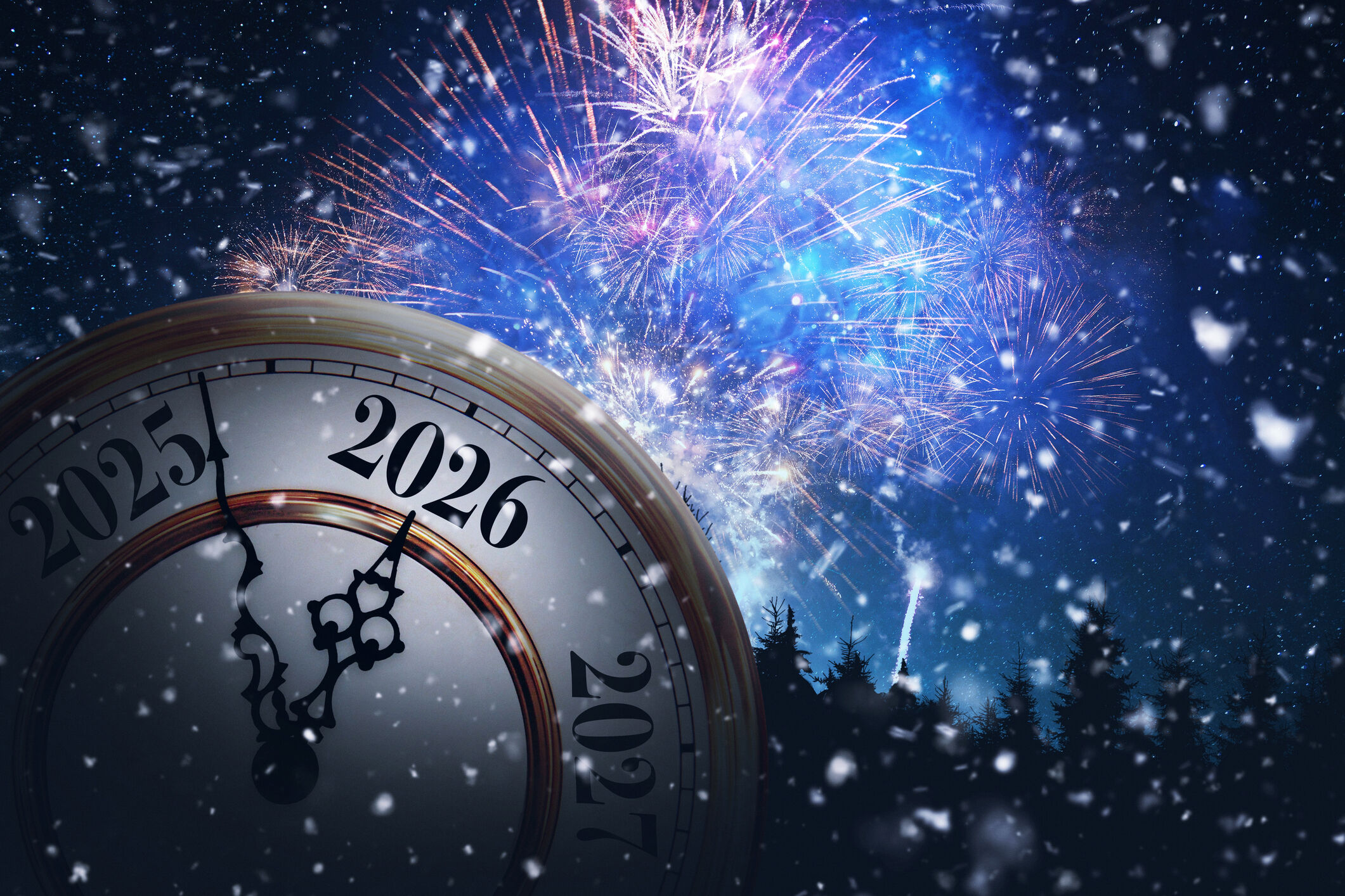 Antique clock ticks towards 2026 under a spectacular display of blue and purple fireworks