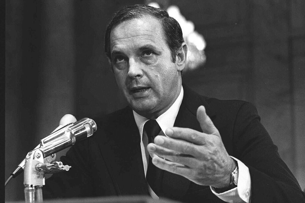 Alexander Butterfield, testifies, July 16, 1973 before the Senate Watergate Committee. Butterfield, the White House aide who inadvertently hastened Richard Nixon’s resignation over the Watergate scandal when he revealed that the president had bugged the Oval Office and Cabinet Room and routinely recorded his conversations, has died. He was 99. (AP Photo/File)

&nbsp;
