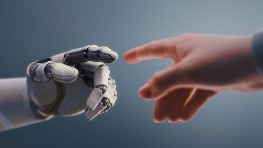 Visualization of Humanoid Robot and Human Touching Fingertips, Creating Glowing Light