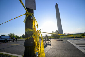 Police tape remains near the Washington Monument