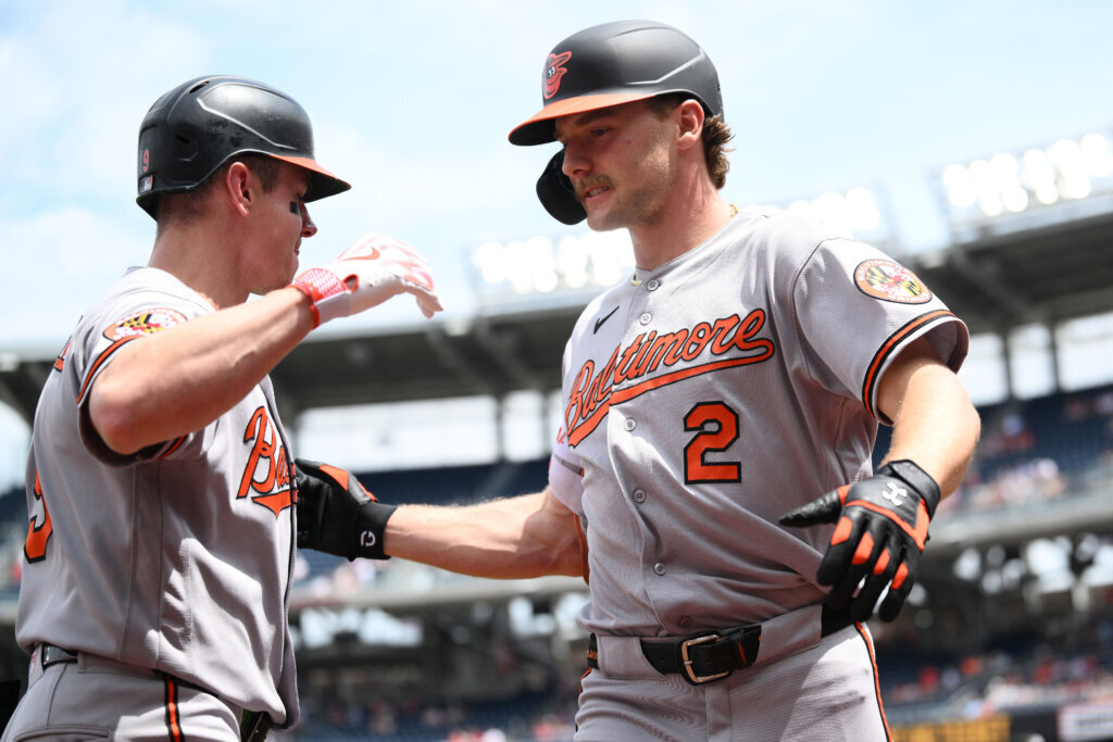 Baltimore Orioles' Gunnar Henderson, right, celebrates after his home run with Tyler O'Neill