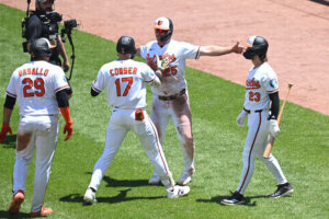 Baltimore Orioles center fielder Colton Cowser (17) is greeted by Baltimore Orioles first baseman Pete Alonso (25)