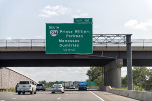 Highway i 95 interstate road in Virginia with cars in morning traffic Washington DC, sign for Prince William Parkway