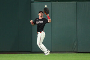 Washington Nationals center fielder Jacob Young makes a catch on a fly ball