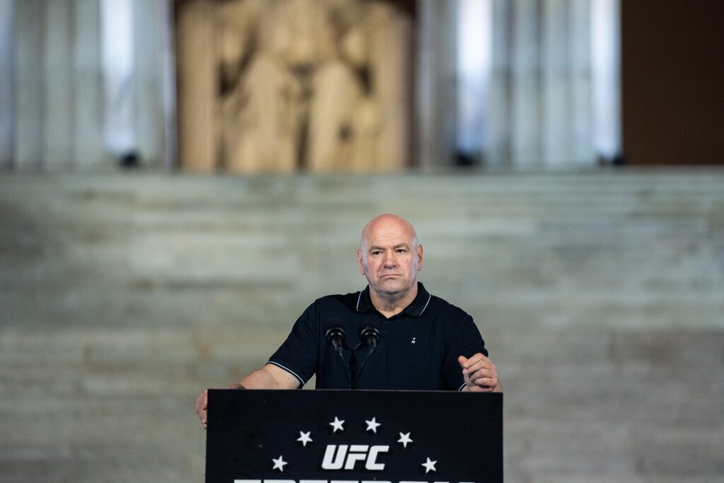 UFC President and CEO Dana White speaks during a UFC news conference at the Lincoln Memorial, ahead of Sunday's fight on the South Lawn of the White House, Friday, June 12, 2026, in Washington. (AP Photo/Allison Robbert)