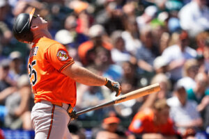 Baltimore Orioles' Pete Alonso reacts to striking out
