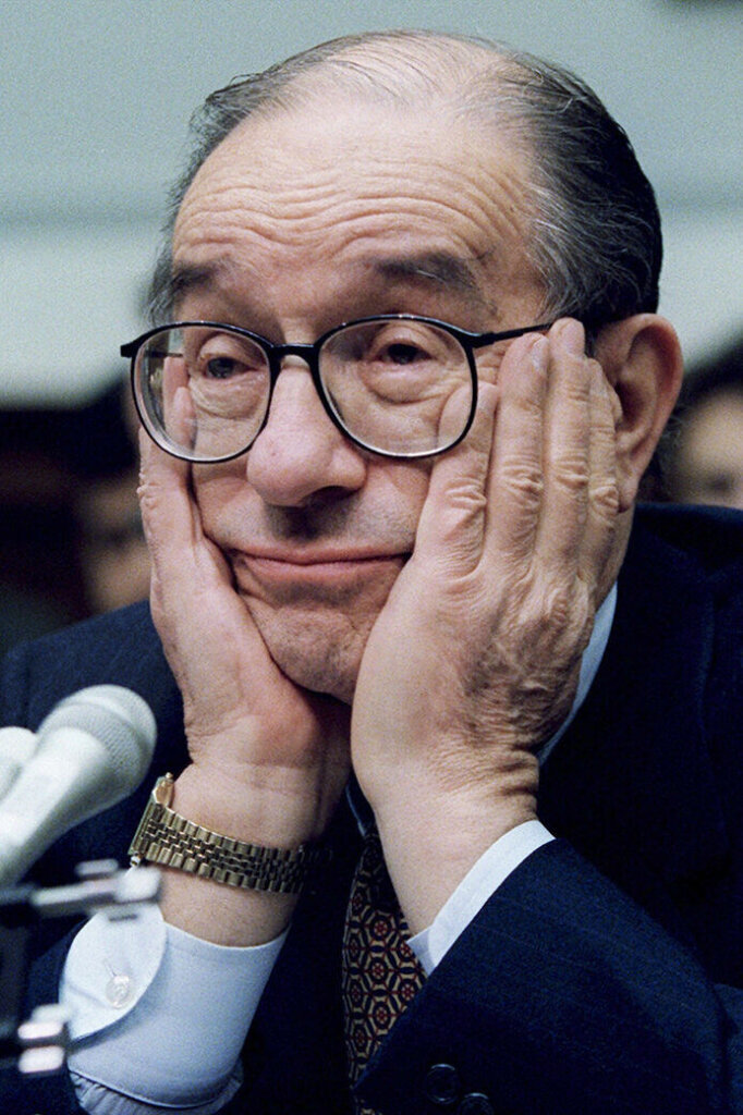 Federal Reserve Chairman Alan Greenspan appears before a House banking subcommittee, March 5, 1997, on Capitol Hill in Washington. Alan Greenspan, the jazz-playing U.S. Federal Reserve chair who was celebrated for engineering a decade of prosperity but later shared the blame for a devastating financial crisis, died Monday. He was 100. (AP Photo/Doug Mills, file)