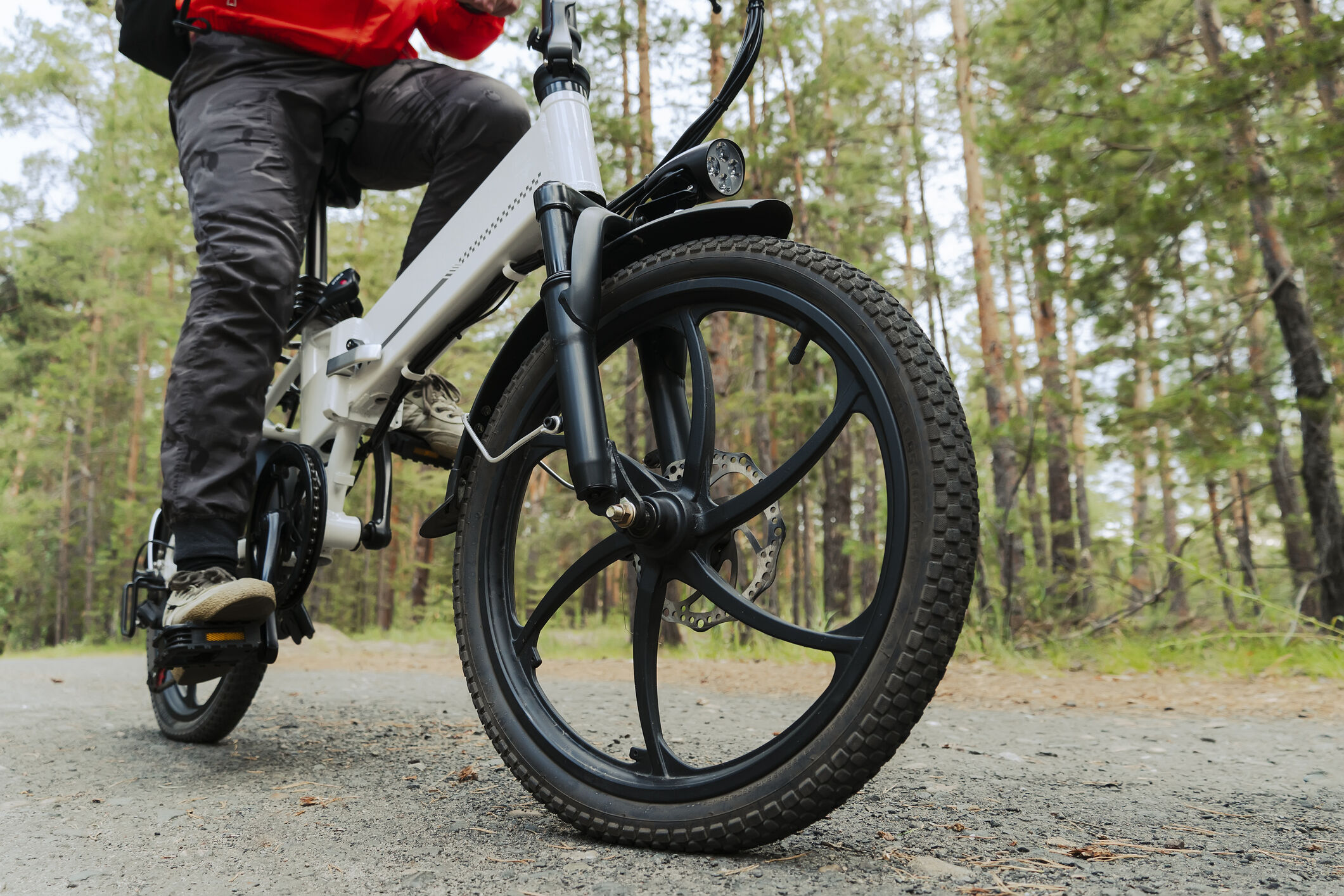 Cyclist rides on a bike path in the forest. Riding an electric modern bicycle. Cool fashionable bike with alloy wheels. A cyclist rides against the background of green trees