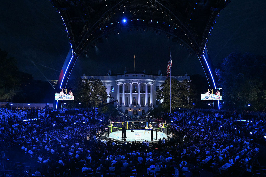 An overall view during the first featherweight bout between Brazil's Diego Lopes and America's Steve Garcia during the "UFC Freedom 250" mixed martial arts event on the South Lawn of the White House in Washington, DC, June 14, 2026. (Photo by POOL / AFP via Getty Images)