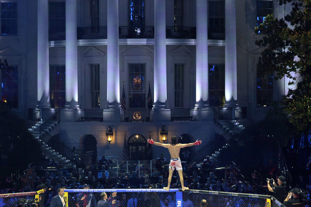 Diego Lopes celebrates after defeating Steve Garcia in a featherweight bout during UFC Freedom 250 on the South Lawn of the White House on June 14, 2026, in Washington, D.C. (Photo by Chip Somodevilla/Getty Images)