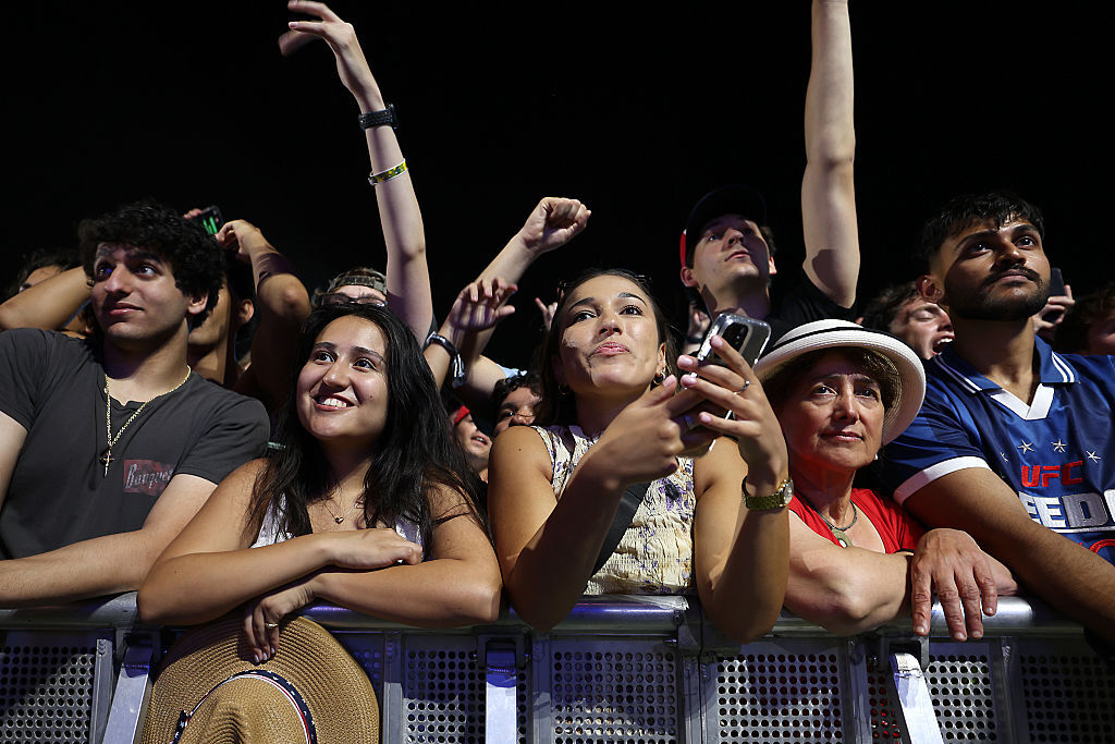 Fans gather at the UFC Freedom 250 fan fest to watch UFC Freedom 250 which is being held on the South Lawn of the White House on June 14, 2026 in Washington, D.C. (Photo by Tasos Katopodis/Getty Images)
