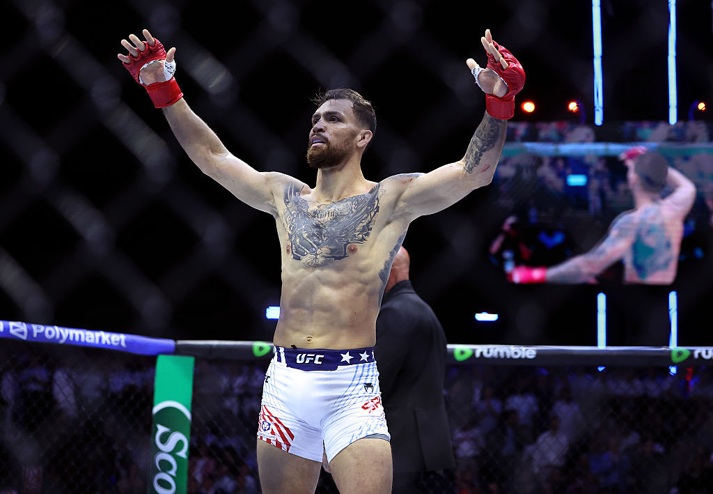 Mauricio Ruffy of Brazil celebrates after defeating Michael Chandler of the United States by technical knockout in the first round during UFC Freedom 250 at the White House on June 14, 2026 in Washington, D.C. (Photo by Chris Graythen/Getty Images)
