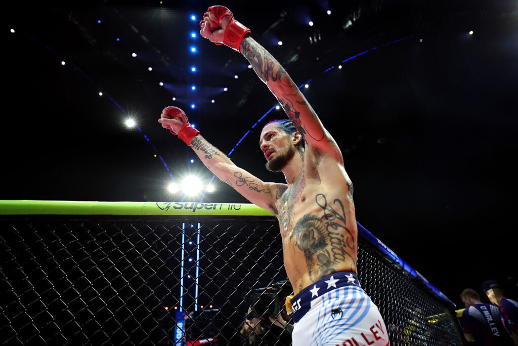 Sean O'Malley of the United States celebrates after defeating Aiemann Zahabi of Canada by technical knockout in their bantamweight bout during UFC Freedom 250 at the White House on June 14, 2026, in Washington, D.C. (Photo by Chris Graythen/Getty Images)