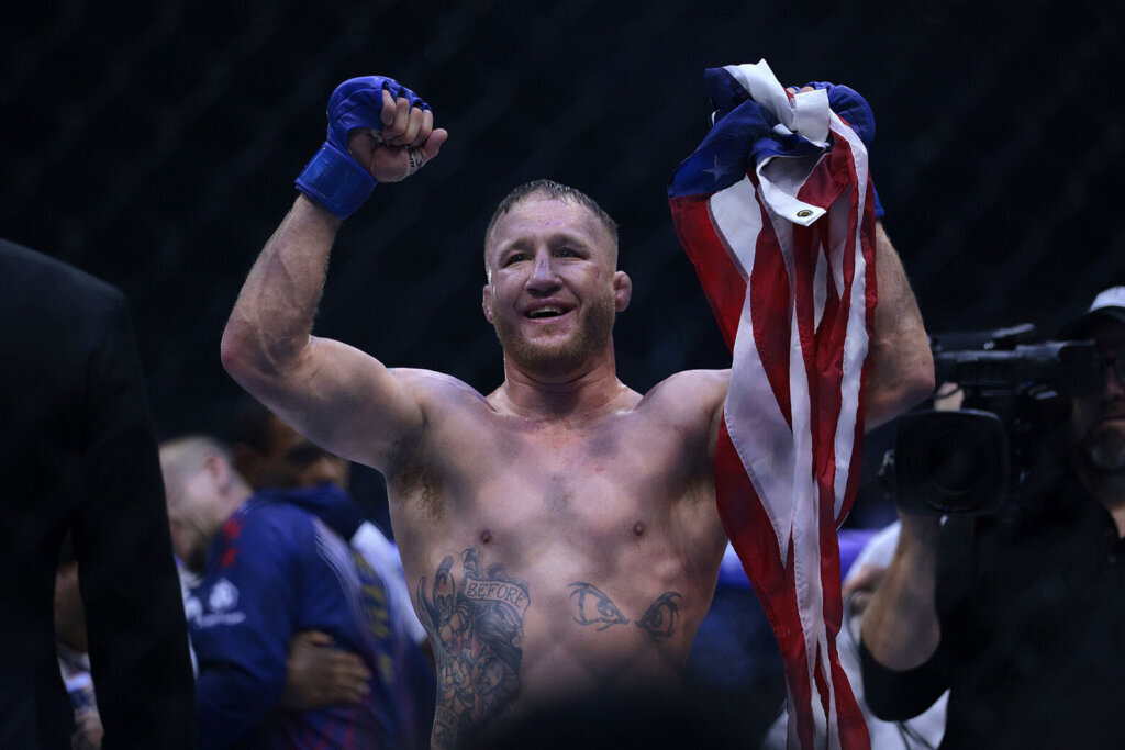 Justin Gaethje celebrates after defeating Ilia Topuria in a lightweight title bout during UFC Freedom 250 on the South Lawn of the White House on June 15, 2026, in Washington, D.C. (Photo by Chip Somodevilla/Getty Images)
