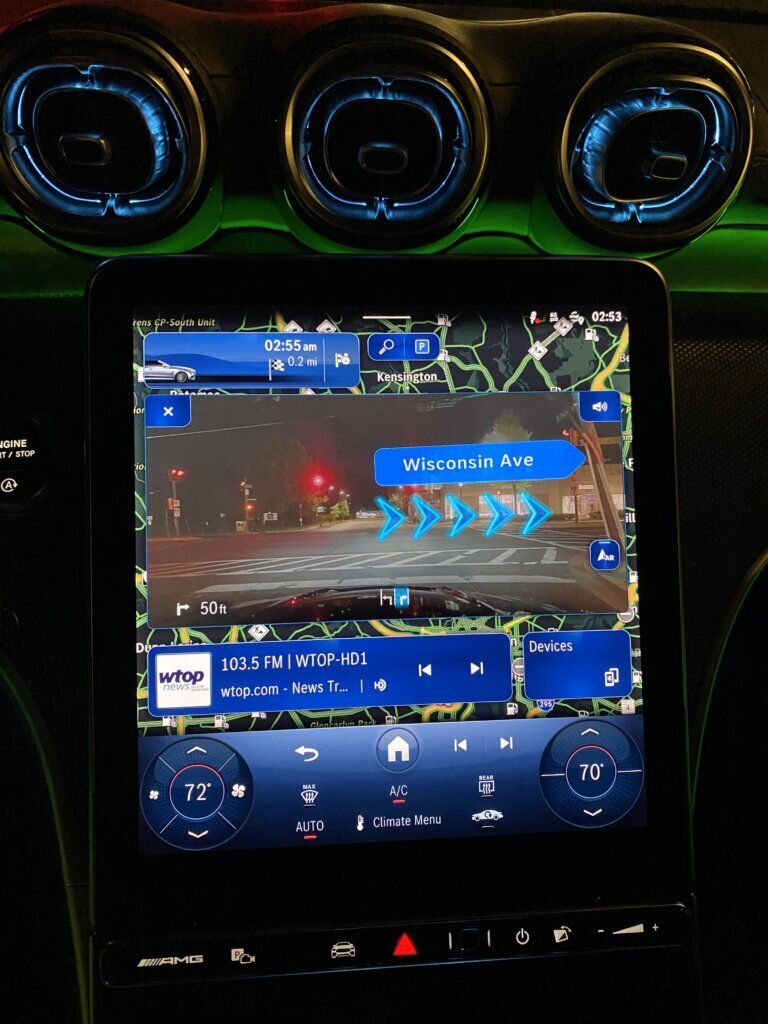 The interior is both dazzling and slightly frustrating. The awesome navigation system in this one showed a video feed of the road in front of me with street names and directional arrows overlaid on them, making it nearly impossible to get lost. (WTOP/John Aaron)