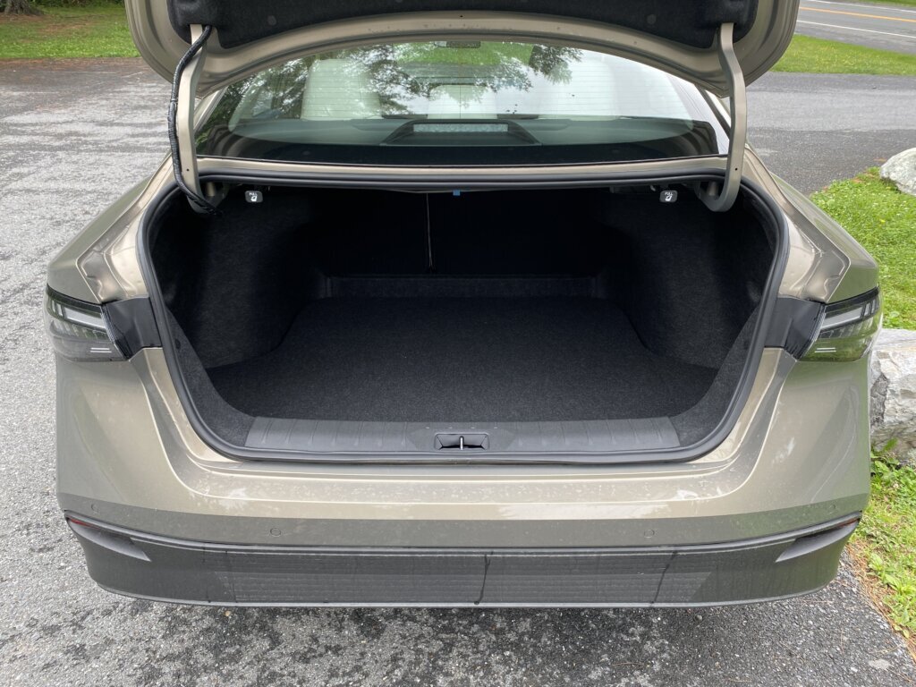 The trunk is useful, with “one of the lowest trunk liftover heights in the class and an optimized opening shape,” according to Nissan. (WTOP/John Aaron)