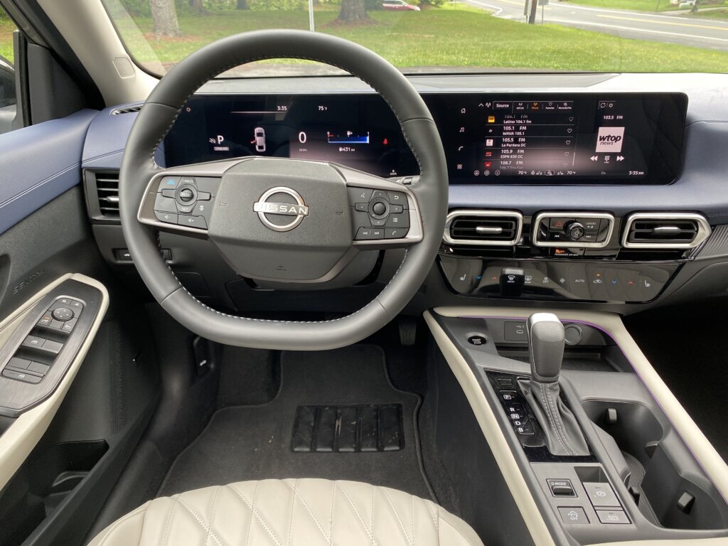 This Nissan Sentra SL has a heated steering wheel — hardly a common occurrence in the compact economy segment. (WTOP/John Aaron)